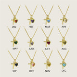  Heart Birthstone & Cross Pendant Necklace in Brass - friendship necklace gift from Bestie Keepsake