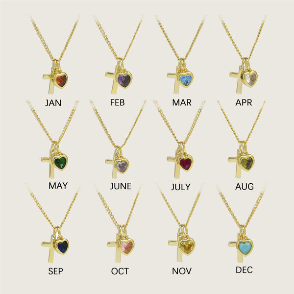  Heart Birthstone & Cross Pendant Necklace in Brass - friendship necklace gift from Bestie Keepsake