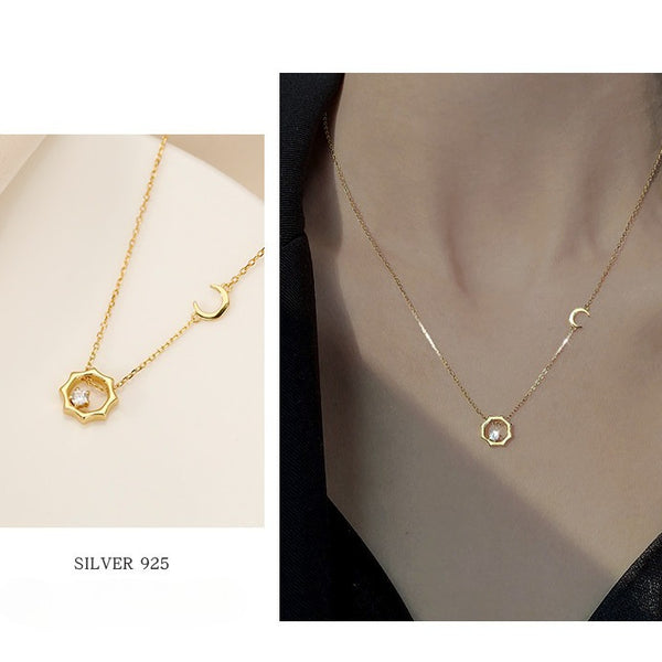  Celestial Sun and Moon Octagon Necklace Sterling Silver - friendship necklace gift from Bestie Keepsake