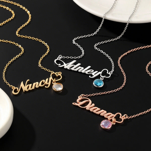  Script Name Birthstone Heart Necklace in Stainless Steel - friendship necklace gift from Bestie Keepsake