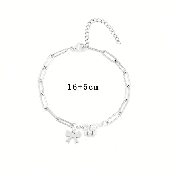  Bow & Pavé Initial Paperclip Bracelet Stainless Steel - friendship necklace gift from Bestie Keepsake