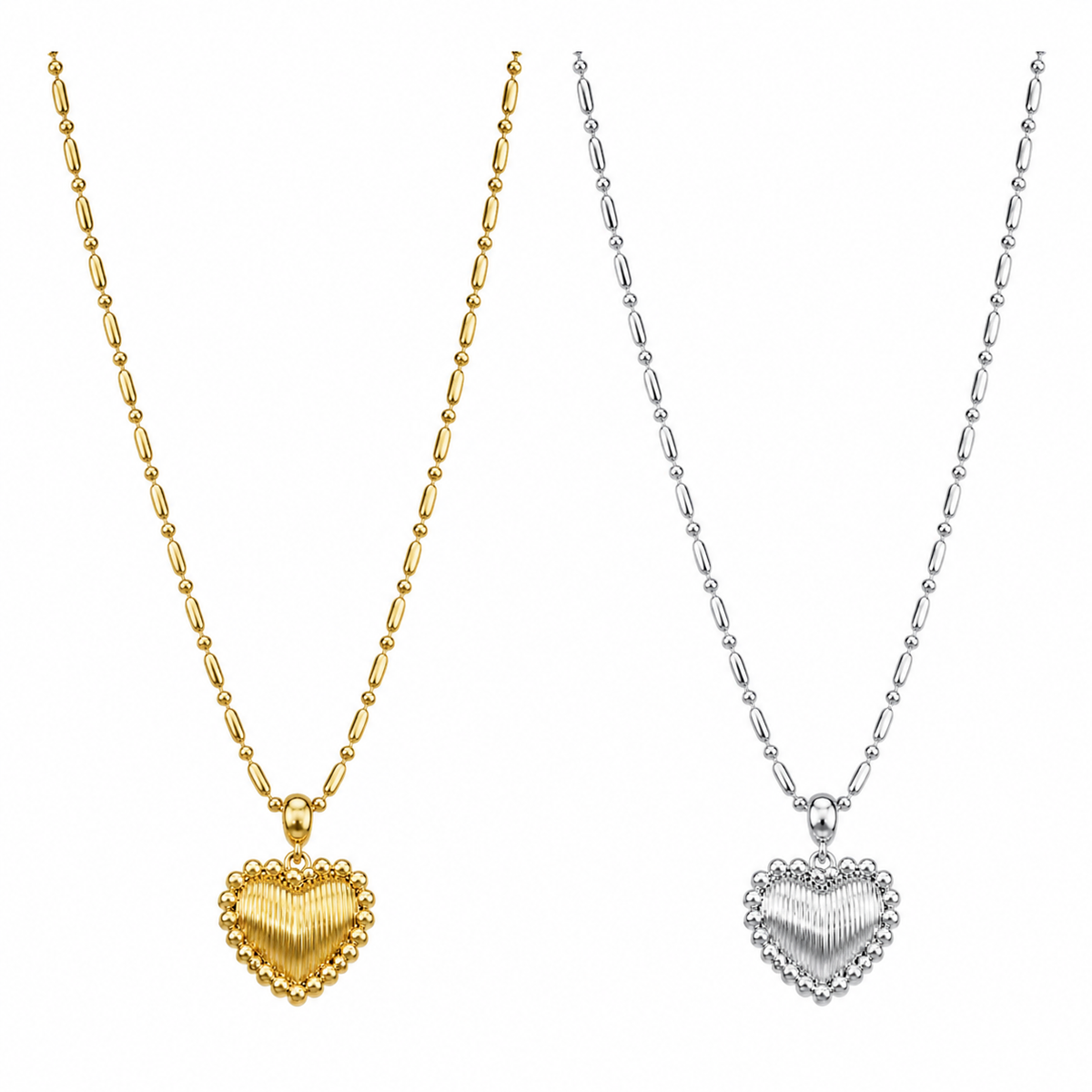 Gold and silver heart-shaped pendants on chains against a white background