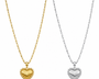 Gold and silver heart-shaped pendants on chains against a white background