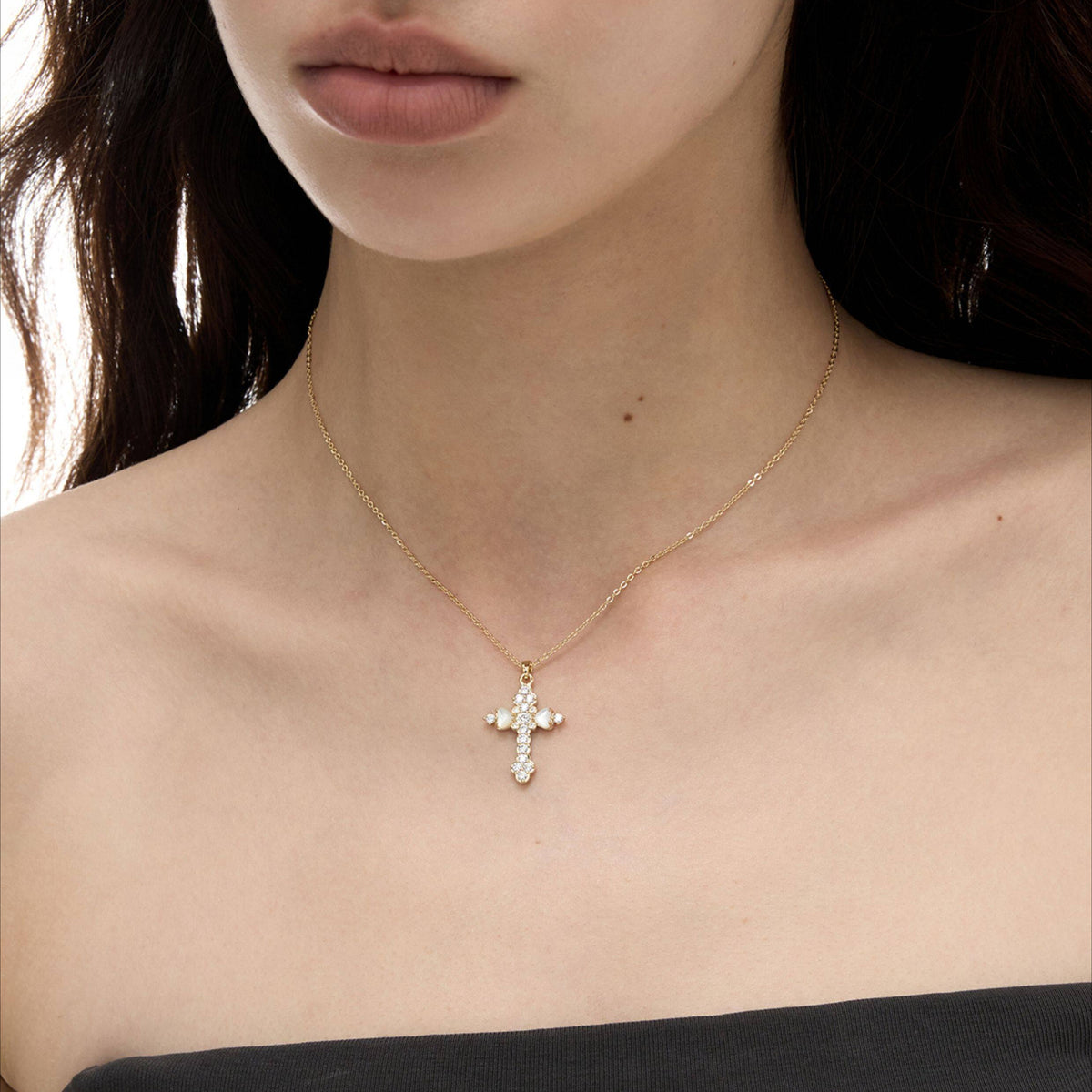  Ornate Petal Cross Pendant Necklace with Mother of Pearl - friendship necklace gift from Bestie Keepsake