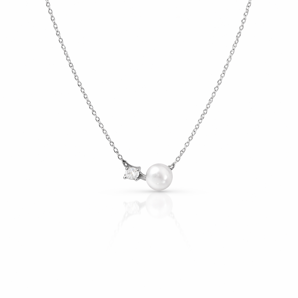  Dainty Pearl & Zirconia 925 Sterling Silver Necklace - friendship necklace gift from Bestie Keepsake