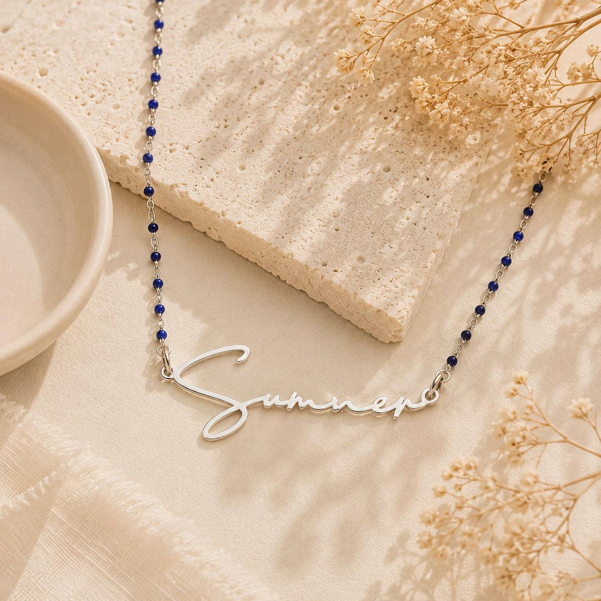  Script Name Beaded Rosary Necklace in Stainless Steel - friendship necklace gift from Bestie Keepsake