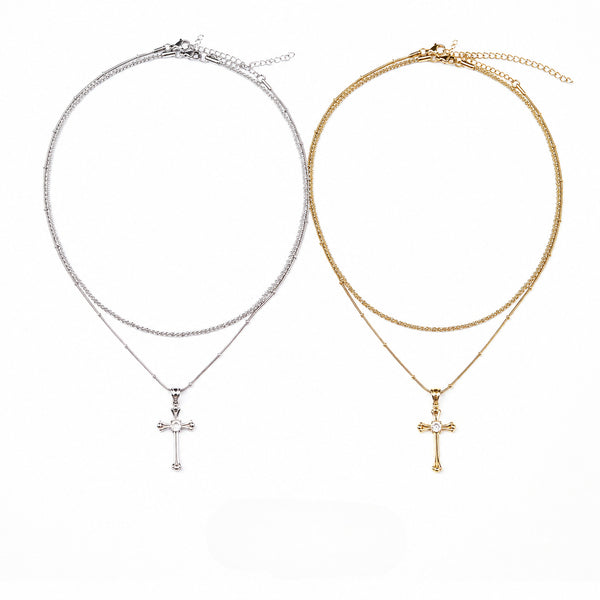  Vintage Ornate Cross Layered Necklace Set Titanium Steel - friendship necklace gift from Bestie Keepsake