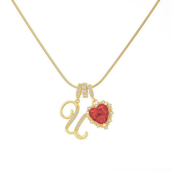  Ornate Script Initial & Red Heart Necklace in 18K Gold Plated - friendship necklace gift from Bestie Keepsake
