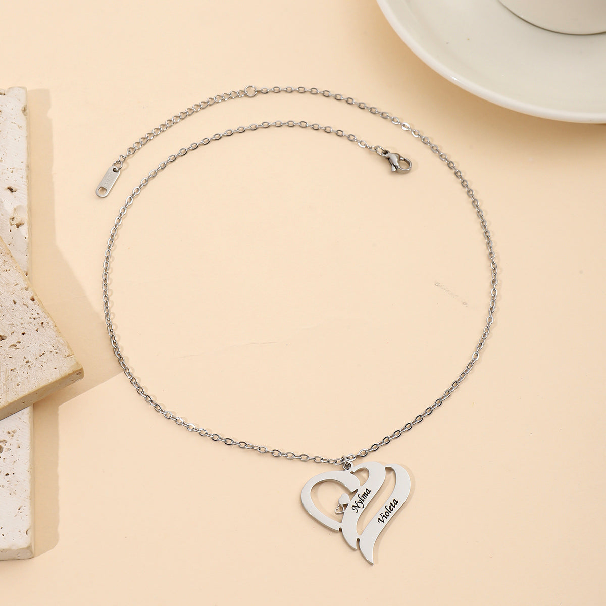  Interlocking Double Heart Engraved Necklace Stainless Steel - friendship necklace gift from Bestie Keepsake