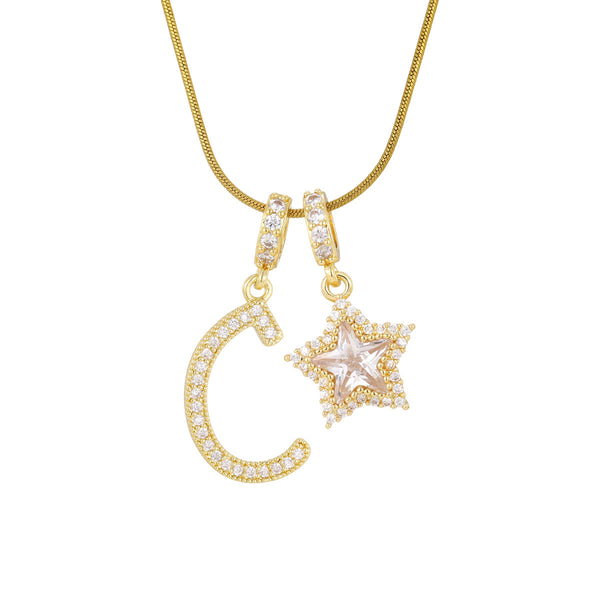  Pave Initial and Star Charm Necklace in 18K Gold Plated Brass - friendship necklace gift from Bestie Keepsake