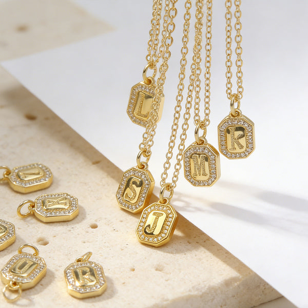  Ornate Initial Octagon Pendant Necklace in Gold Plated - friendship necklace gift from Bestie Keepsake