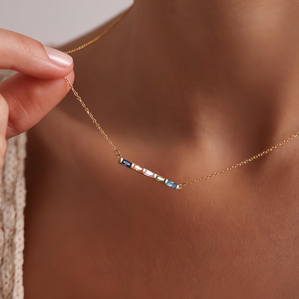  Baguette Birthstone Bar Necklace Stainless Steel - friendship necklace gift from Bestie Keepsake