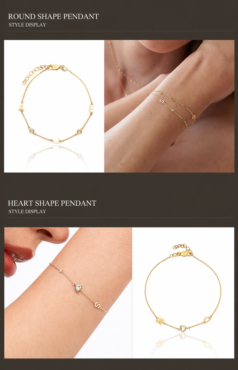  Dainty Initial & Heart Stone Bracelet in 18K Gold Plated S925 Silver - friendship necklace gift from Bestie Keepsake