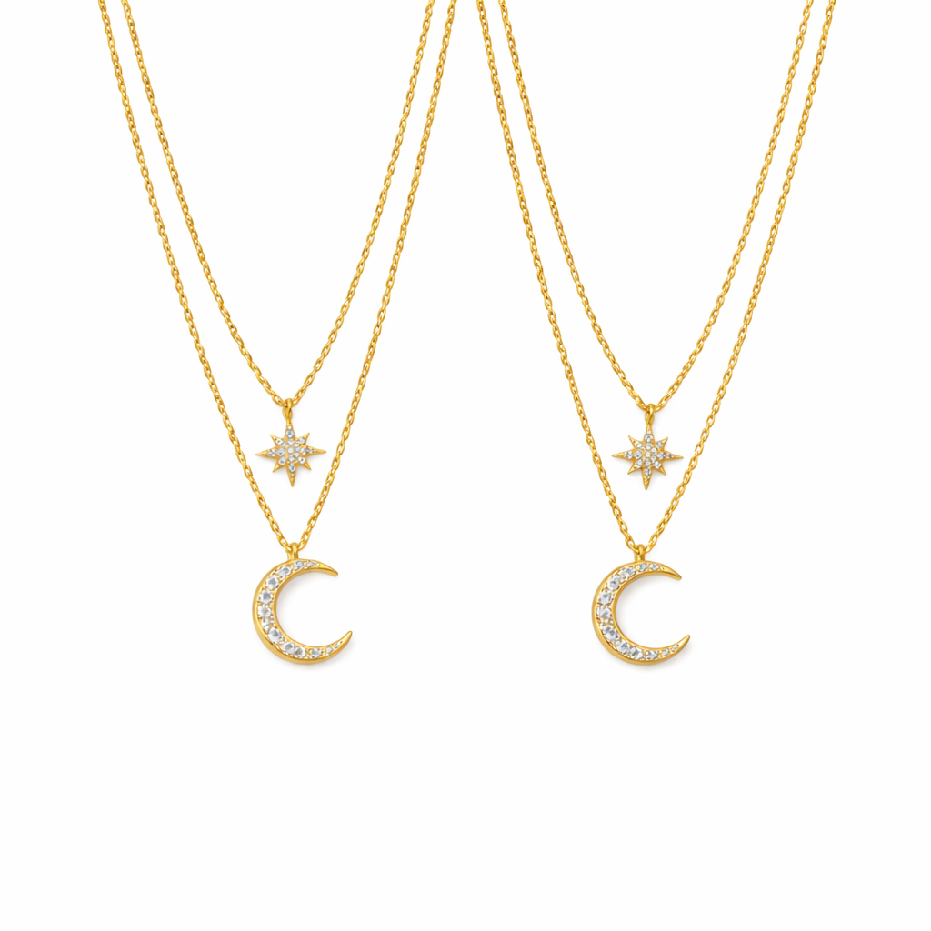 Star and Crescent Moon Layered Necklace in Brass - friendship necklace gift from Bestie Keepsake
