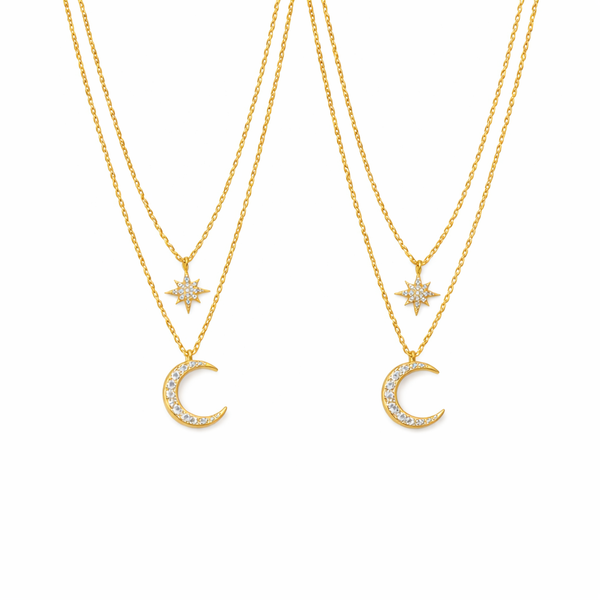 Star and Crescent Moon Layered Necklace in Brass - friendship necklace gift from Bestie Keepsake