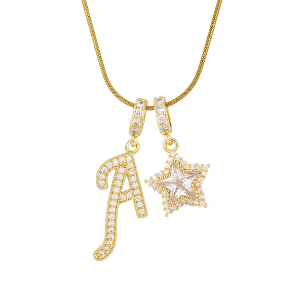  Pave Initial and Star Charm Necklace in 18K Gold Plated Brass - friendship necklace gift from Bestie Keepsake