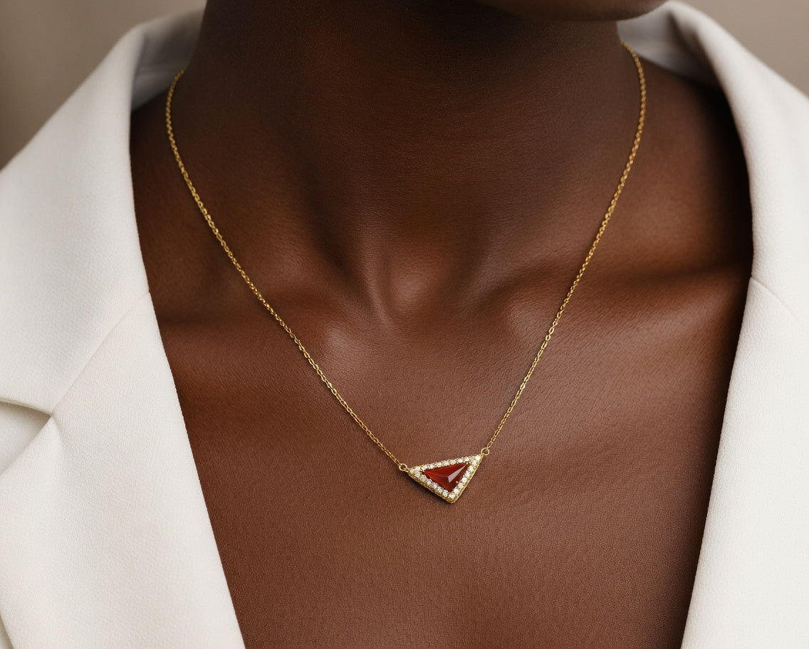  Delta Geometric Triangle Necklace with Stone Inlay - friendship necklace gift from Bestie Keepsake