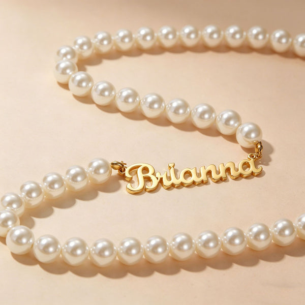  Script Nameplate Pearl Necklace Stainless Steel - friendship necklace gift from Bestie Keepsake