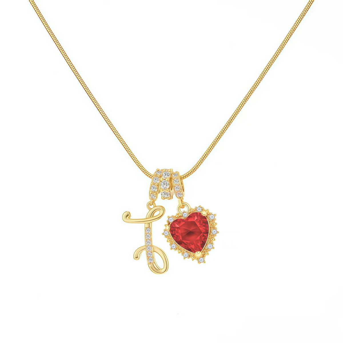  Ornate Script Initial & Red Heart Necklace in 18K Gold Plated - friendship necklace gift from Bestie Keepsake