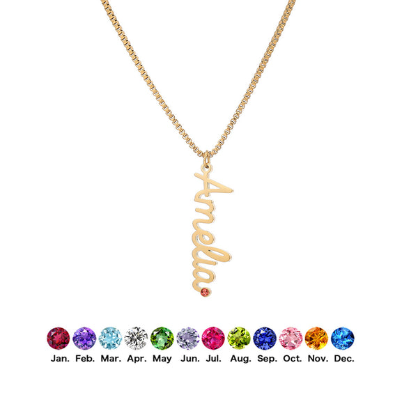 Vertical Script Name Birthstone Necklace in Stainless Steel - friendship necklace gift from Bestie Keepsake