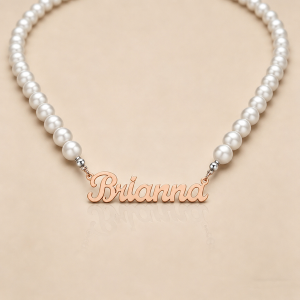  Script Nameplate Pearl Necklace Stainless Steel - friendship necklace gift from Bestie Keepsake