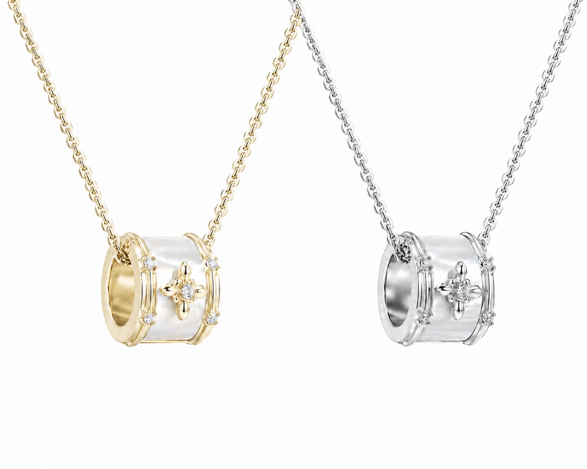 Two necklaces, one gold and one silver, on a white background