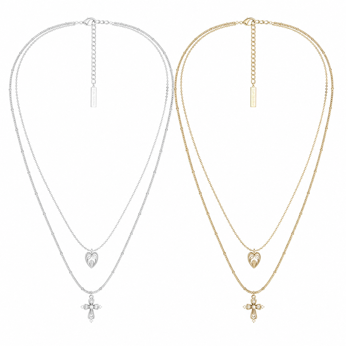  Lace Glimmer Heart & Cross Double Layer Necklace - friendship necklace gift from Bestie Keepsake