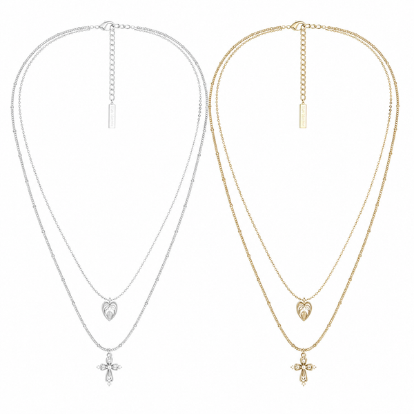  Lace Glimmer Heart & Cross Double Layer Necklace - friendship necklace gift from Bestie Keepsake