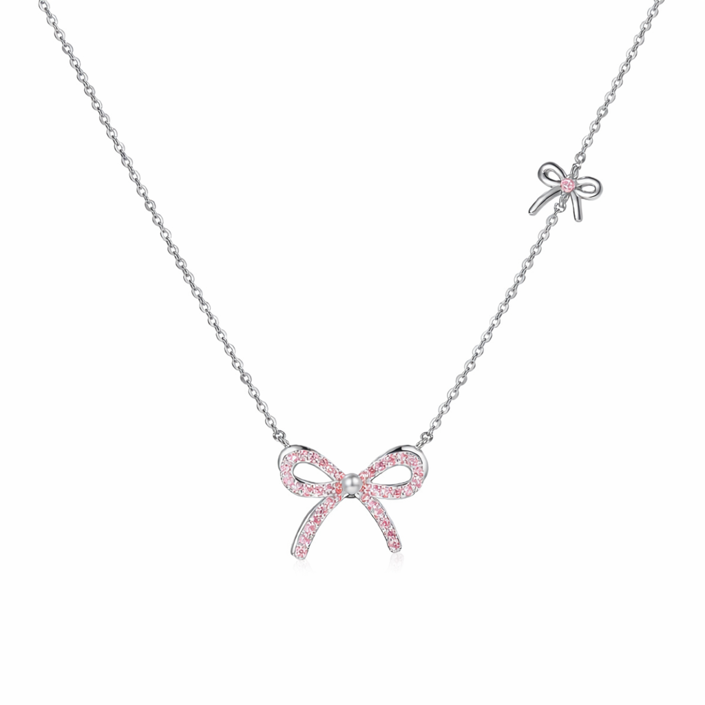  Dainty Pave Bow Ribbon Necklace in Sterling Silver - friendship necklace gift from Bestie Keepsake