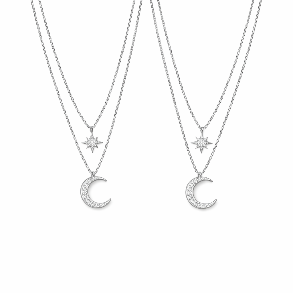  Star and Crescent Moon Layered Necklace in Brass - friendship necklace gift from Bestie Keepsake