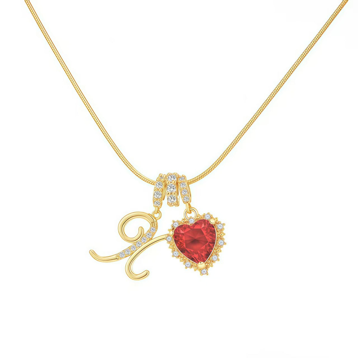  Ornate Script Initial & Red Heart Necklace in 18K Gold Plated - friendship necklace gift from Bestie Keepsake