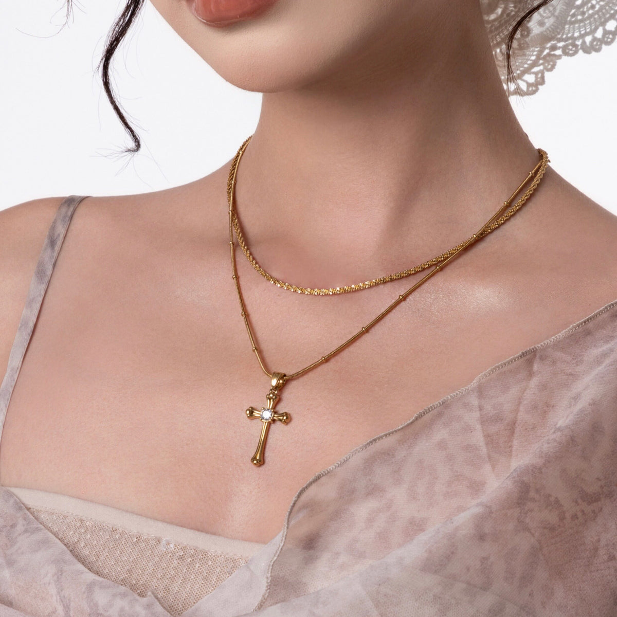  Vintage Ornate Cross Layered Necklace Set Titanium Steel - friendship necklace gift from Bestie Keepsake