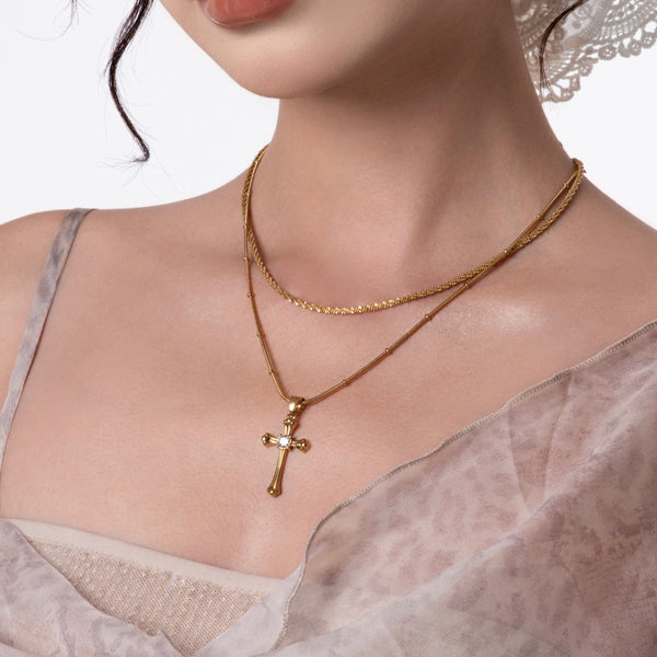  Vintage Ornate Cross Layered Necklace Set Titanium Steel - friendship necklace gift from Bestie Keepsake