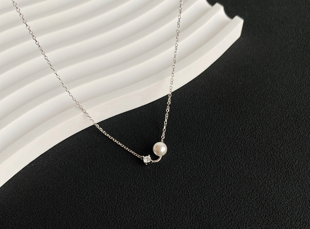  Dainty Pearl & Zirconia 925 Sterling Silver Necklace - friendship necklace gift from Bestie Keepsake