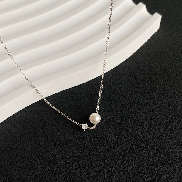  Dainty Pearl & Zirconia 925 Sterling Silver Necklace - friendship necklace gift from Bestie Keepsake