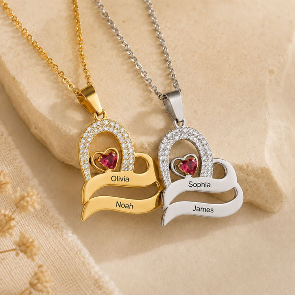  Ornate Double Heart Name Pendant Necklace with Birthstone - friendship necklace gift from Bestie Keepsake