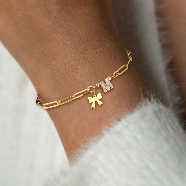  Bow & Pavé Initial Paperclip Bracelet Stainless Steel - friendship necklace gift from Bestie Keepsake