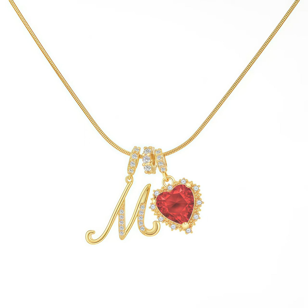 Ornate Script Initial & Red Heart Necklace in 18K Gold Plated - friendship necklace gift from Bestie Keepsake