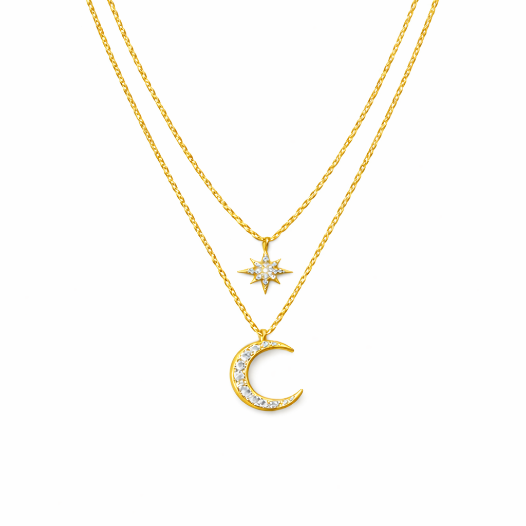  Star and Crescent Moon Layered Necklace in Brass - friendship necklace gift from Bestie Keepsake
