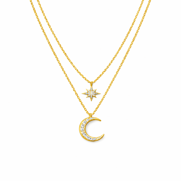  Star and Crescent Moon Layered Necklace in Brass - friendship necklace gift from Bestie Keepsake