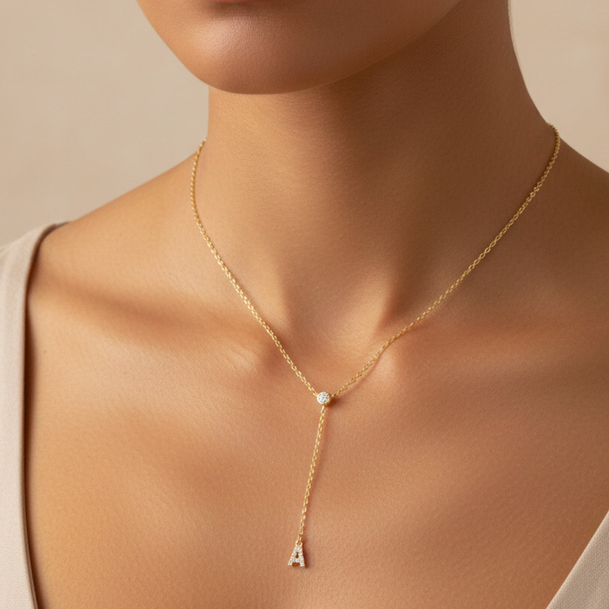  Pavé Initial Lariat Necklace Brass - friendship necklace gift from Bestie Keepsake