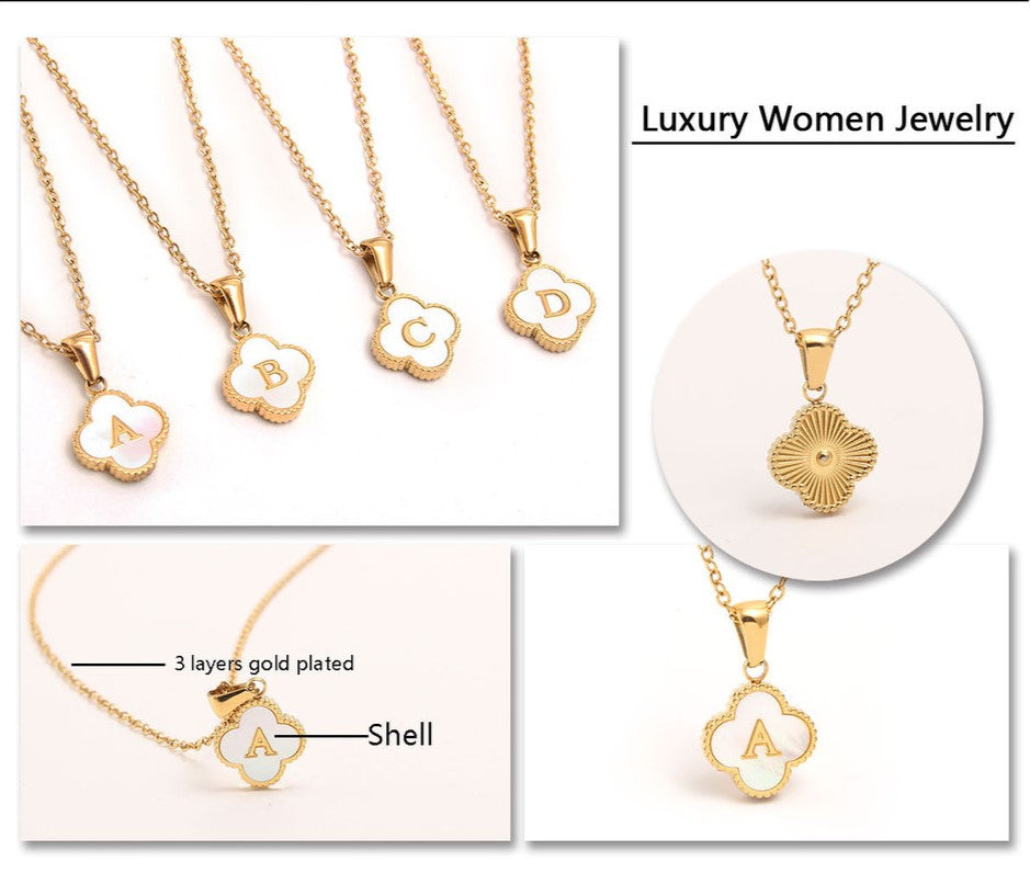  Clover Initial Shell Necklace in 18K Gold Plated Stainless Steel - friendship necklace gift from Bestie Keepsake