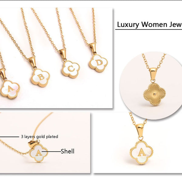  Clover Initial Shell Necklace in 18K Gold Plated Stainless Steel - friendship necklace gift from Bestie Keepsake