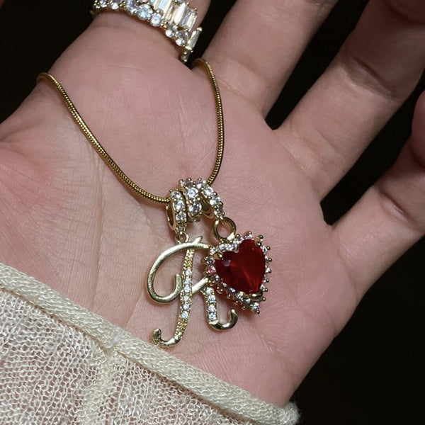  Ornate Script Initial & Red Heart Necklace in 18K Gold Plated - friendship necklace gift from Bestie Keepsake