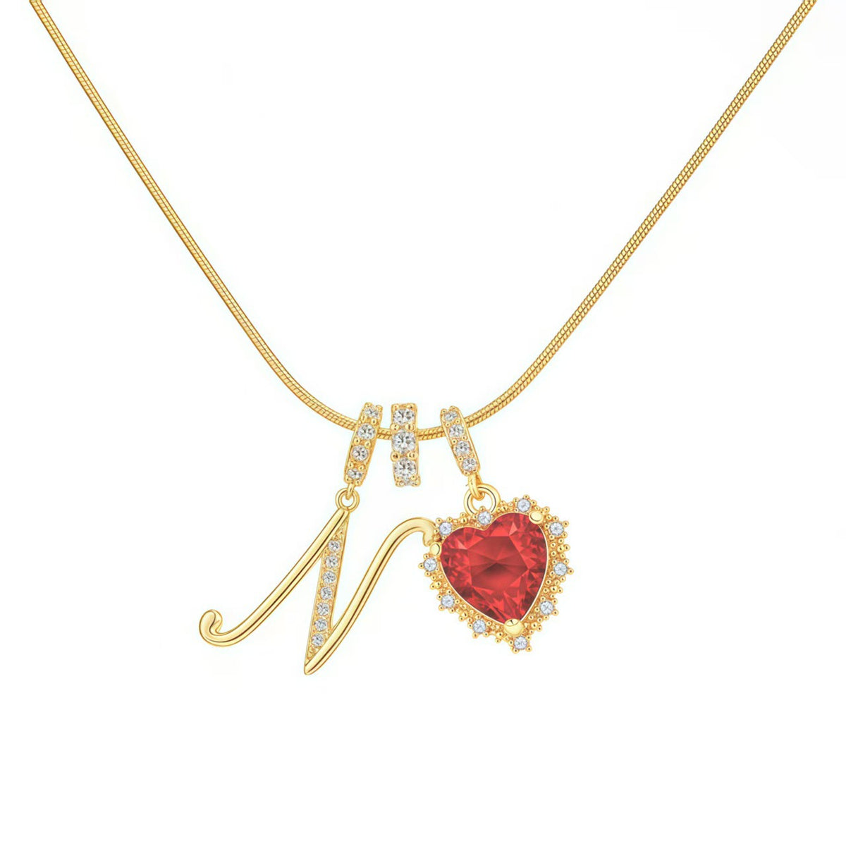  Ornate Script Initial & Red Heart Necklace in 18K Gold Plated - friendship necklace gift from Bestie Keepsake