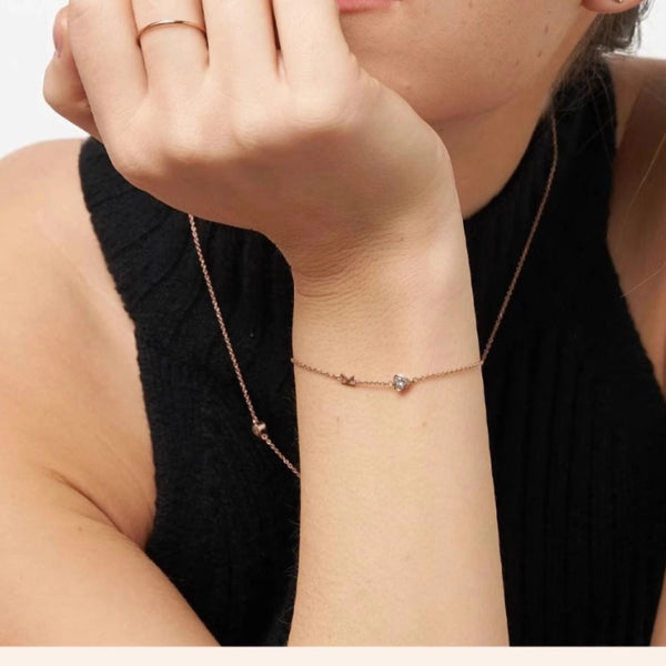  Dainty Initial & Heart Stone Bracelet in 18K Gold Plated S925 Silver - friendship necklace gift from Bestie Keepsake