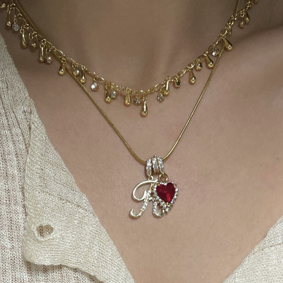  Ornate Script Initial & Red Heart Necklace in 18K Gold Plated - friendship necklace gift from Bestie Keepsake