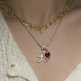  Ornate Script Initial & Red Heart Necklace in 18K Gold Plated - friendship necklace gift from Bestie Keepsake