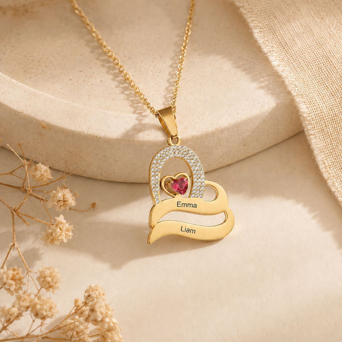  Ornate Double Heart Name Pendant Necklace with Birthstone - friendship necklace gift from Bestie Keepsake