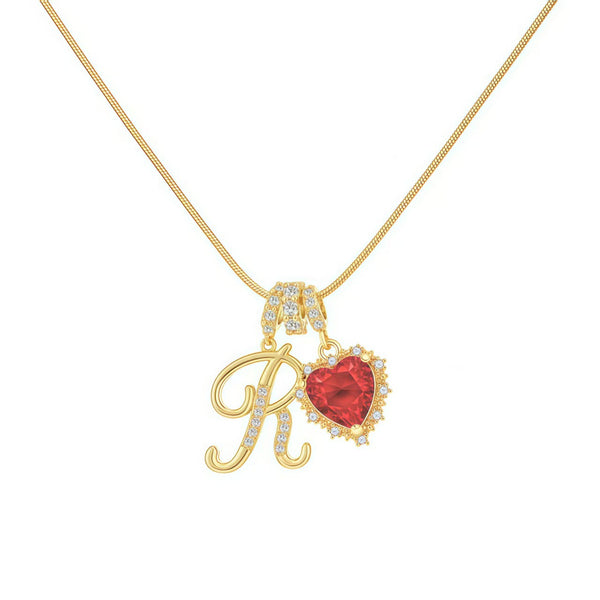  Ornate Script Initial & Red Heart Necklace in 18K Gold Plated - friendship necklace gift from Bestie Keepsake